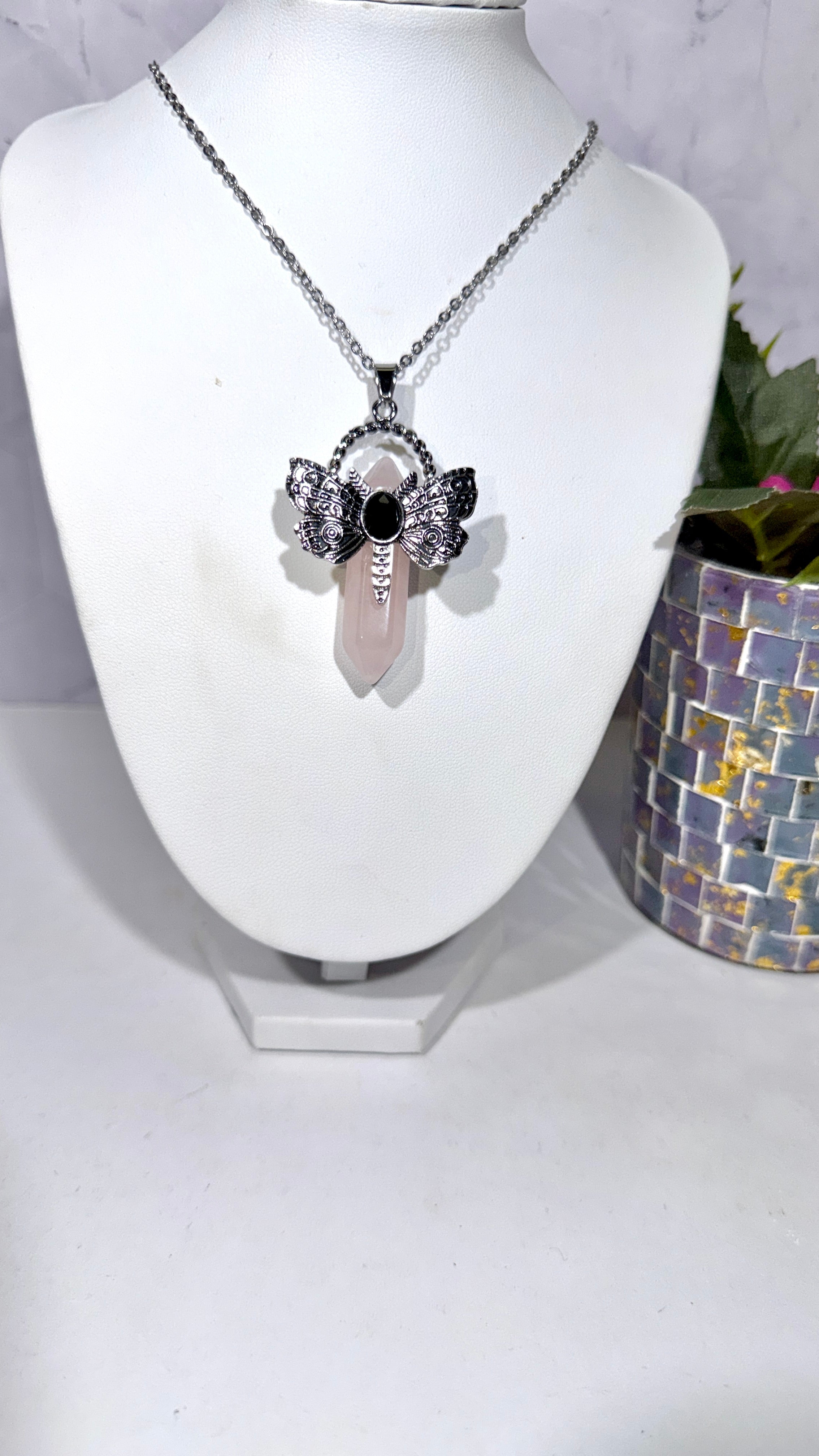 Rose Quartz DT Dragonfly Necklace