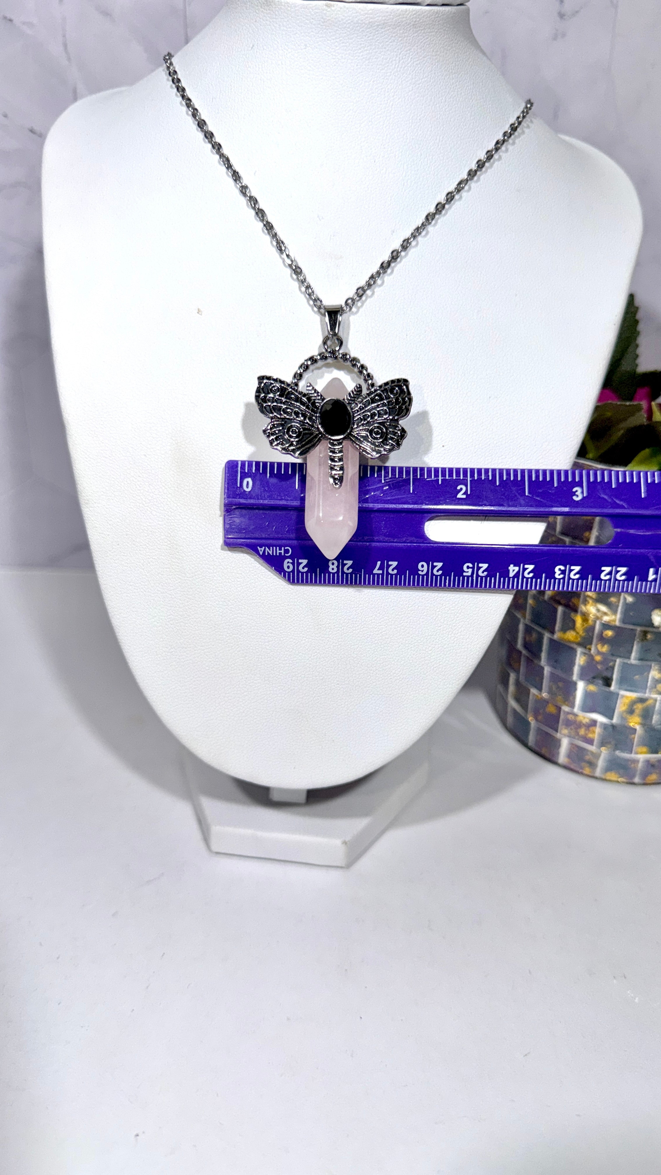 Rose Quartz DT Dragonfly Necklace