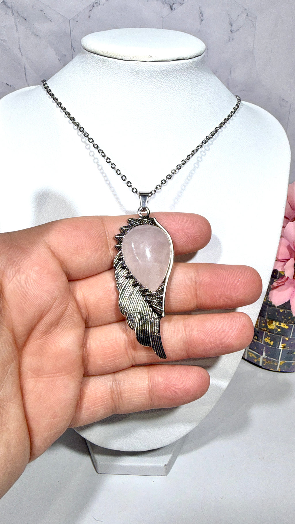 Rose Quartz Angel Wing Pendant