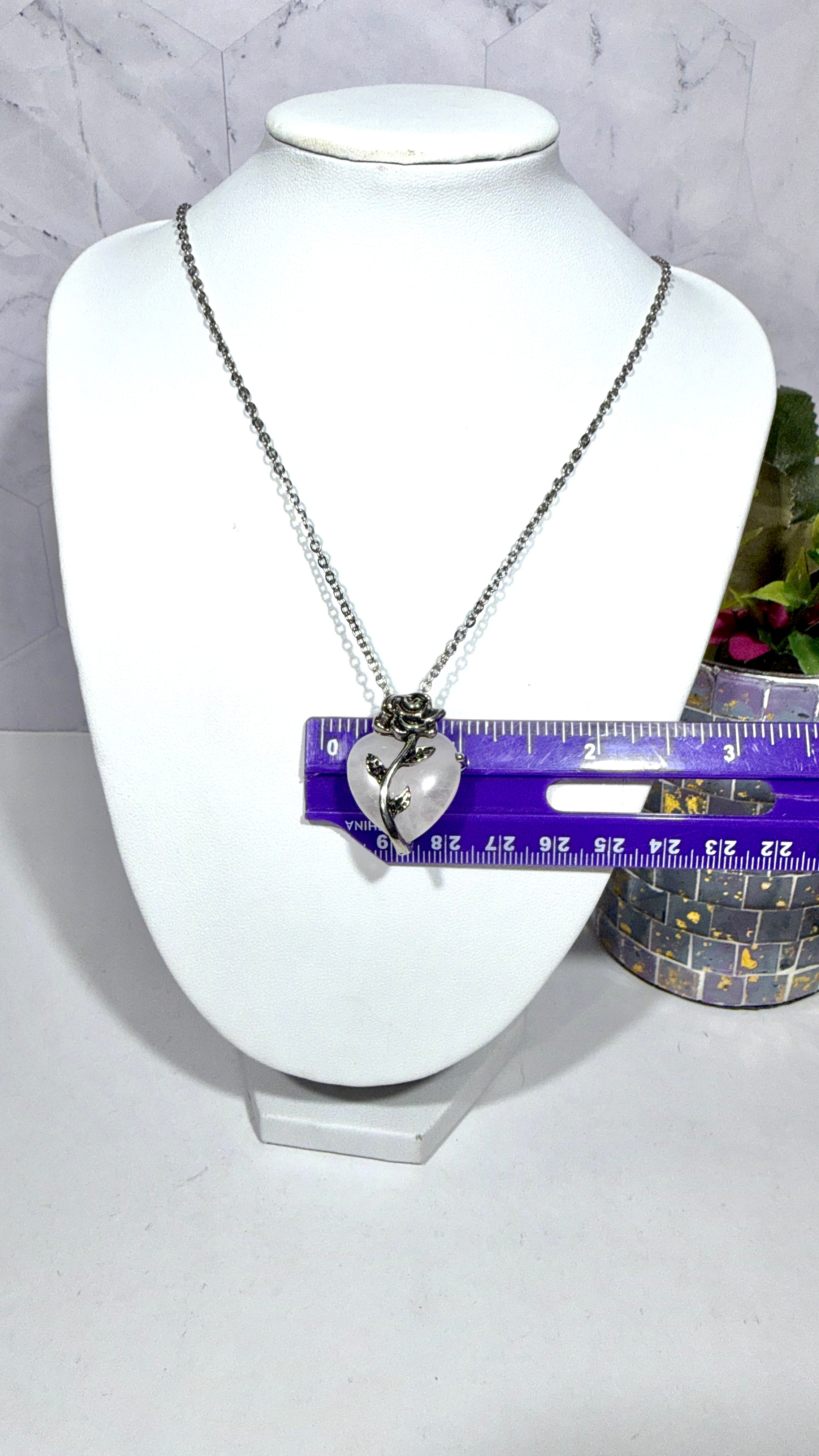 Quartz Heart Rose Necklace