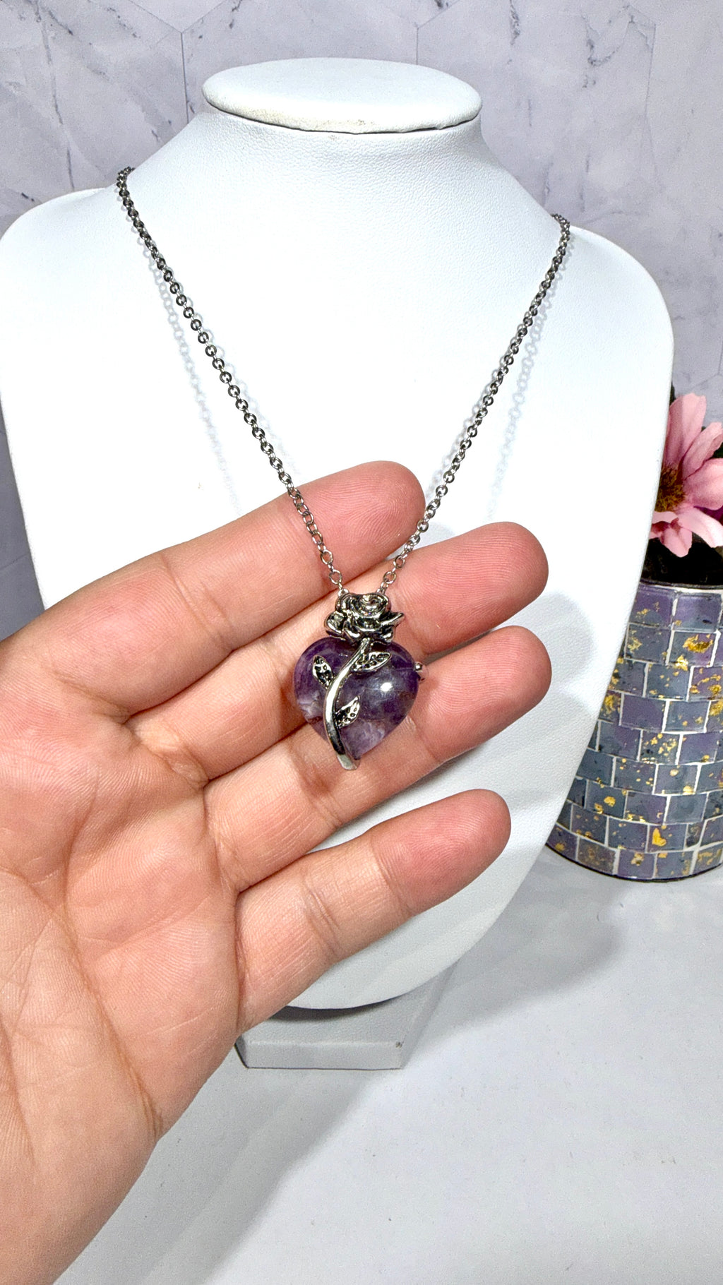 Amethyst Heart Rose Necklace