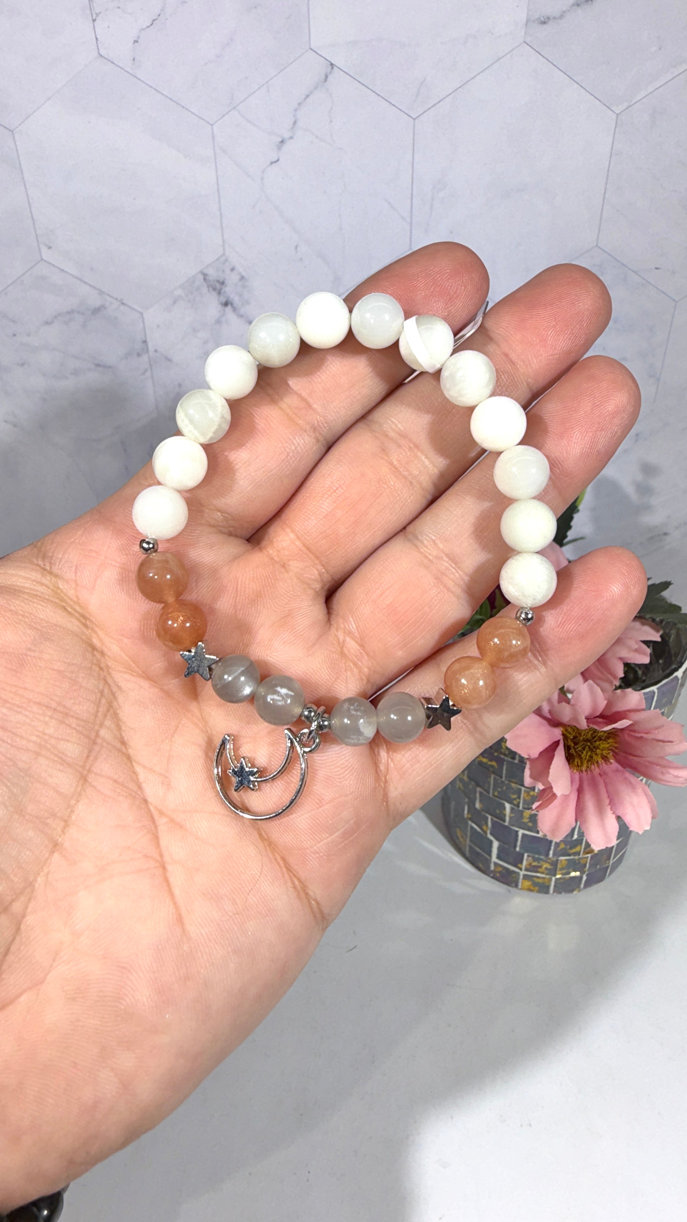 8mm Moonstone, Peach Moonstone, and Black Moonstone Bracelet - Lunar Energies and Influences