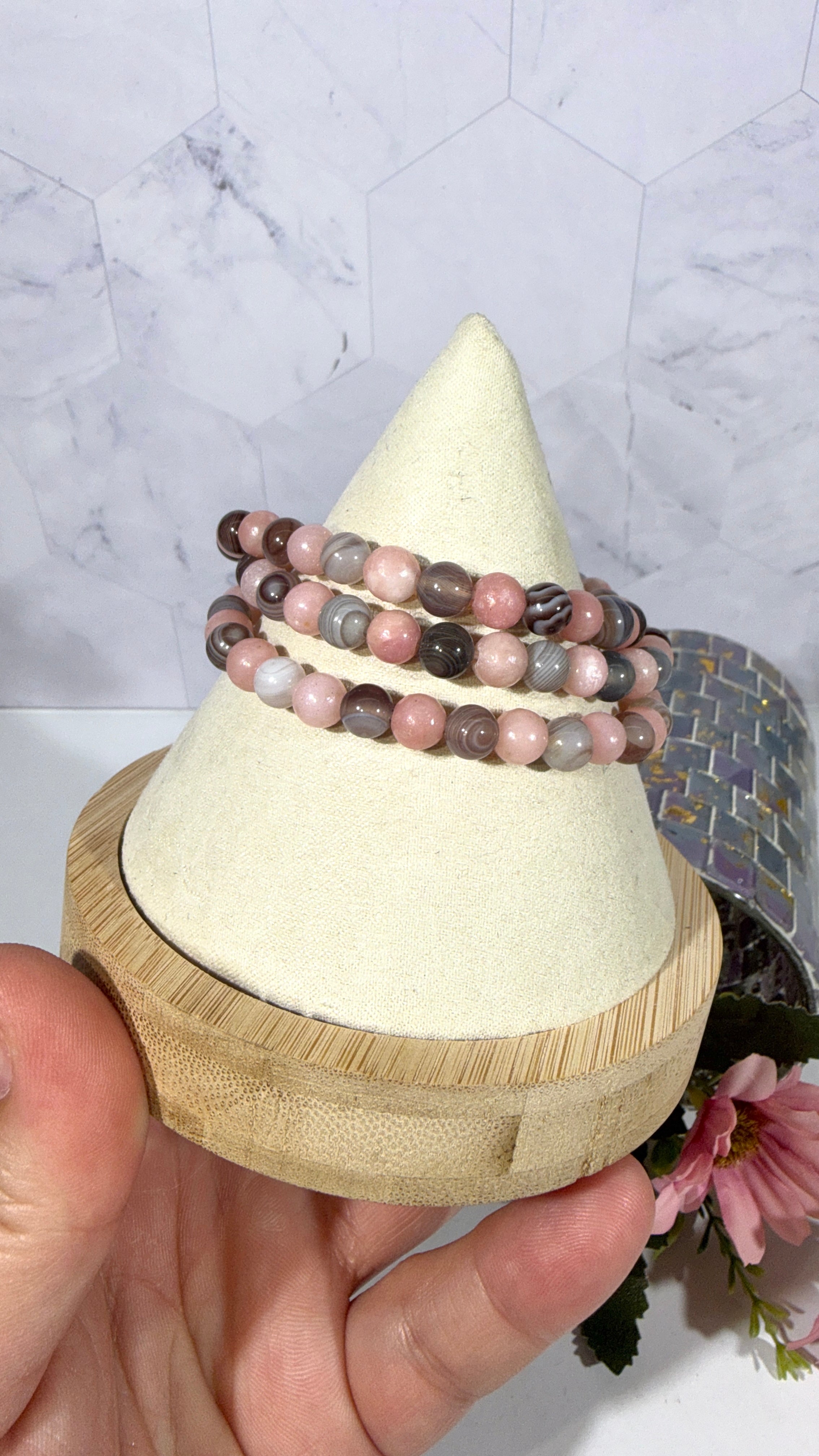 6mm Botswana Agate and Pink Opal Bracelet