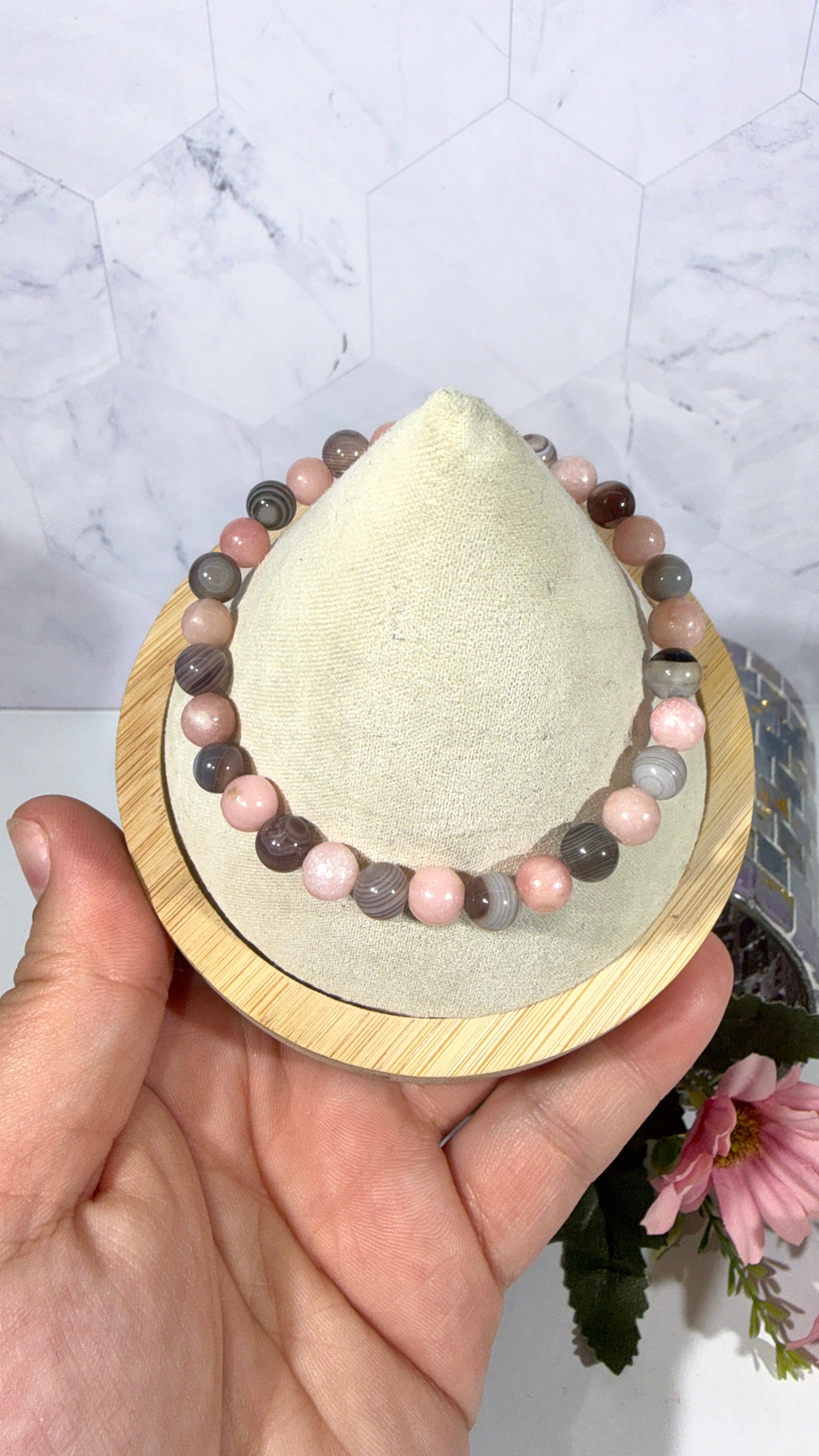 6mm Botswana Agate and Pink Opal Bracelet