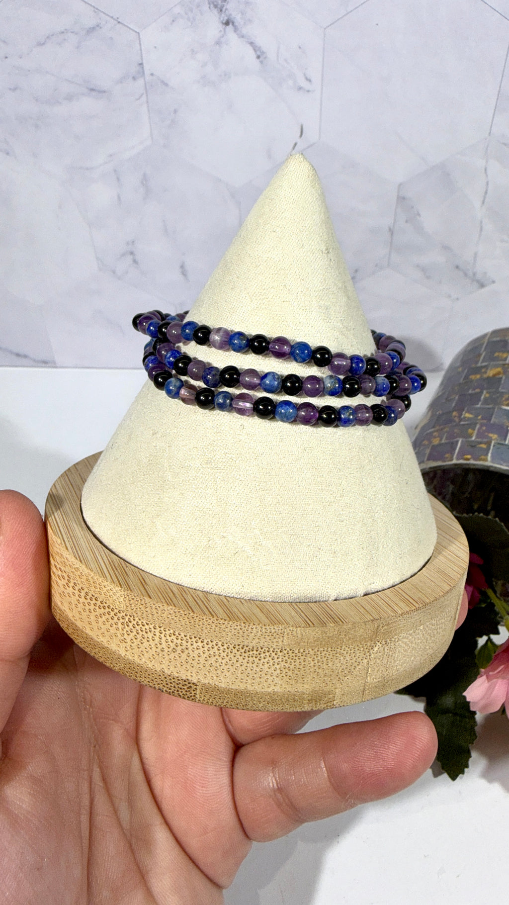 4mm Amethyst, Lapis Lazuli, and Black Tourmaline Bracelet
