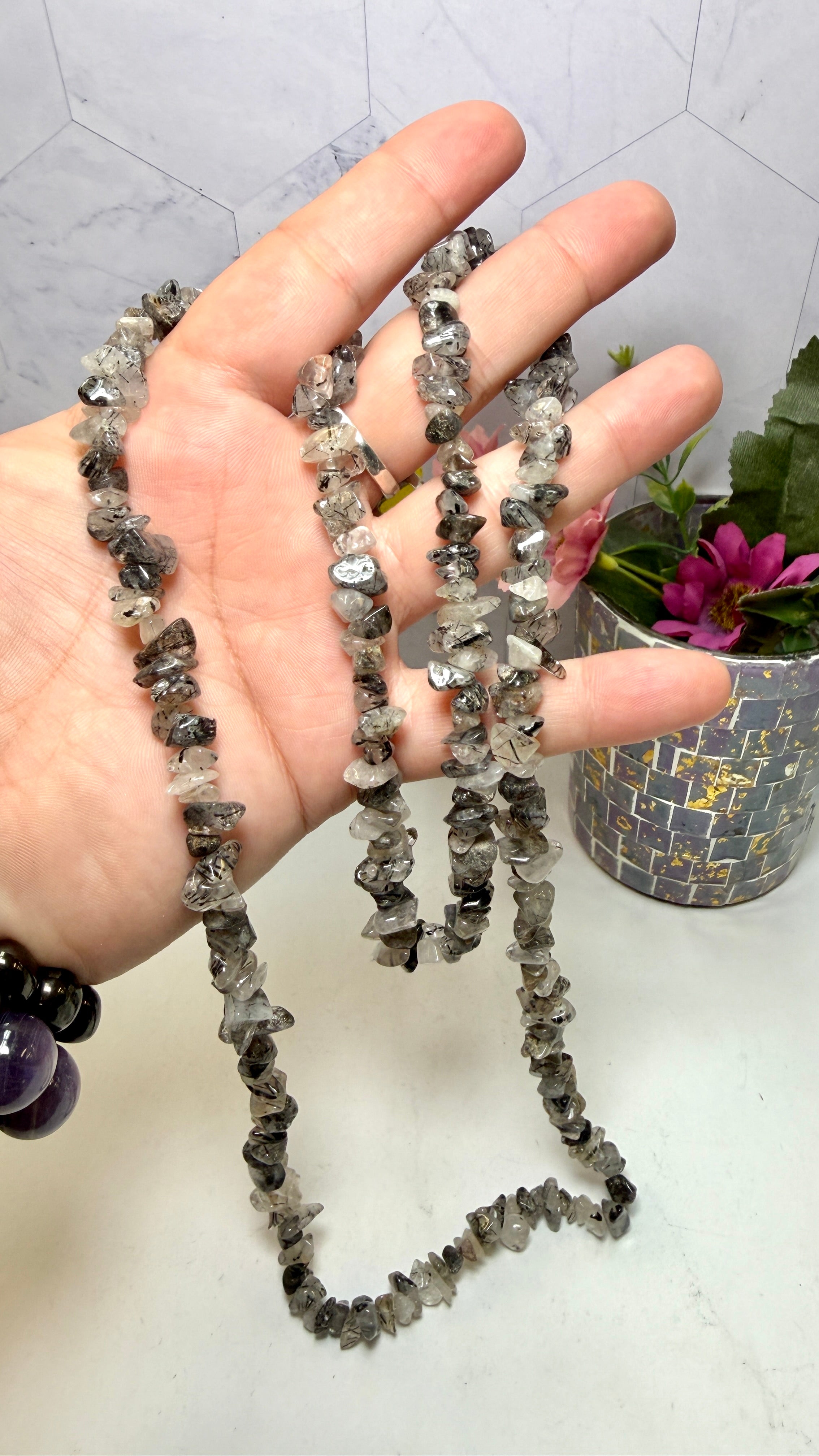 Tourmalinated Quartz Chip Necklace 34 Inches