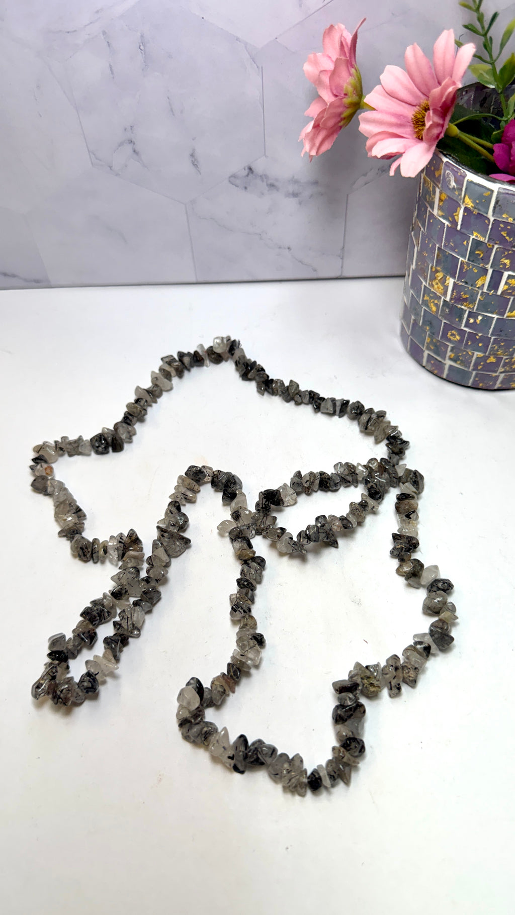 Tourmalinated Quartz Chip Necklace 34 Inches