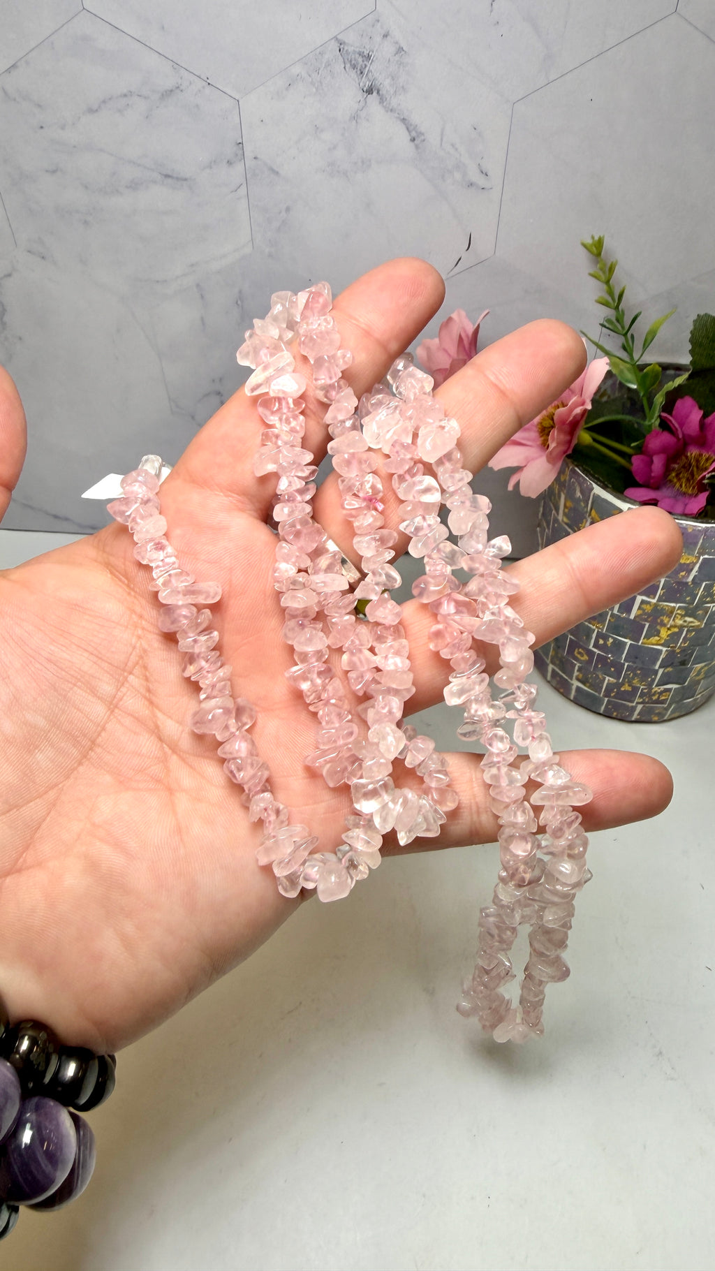 Rose Quartz Chip Necklace 34 Inches