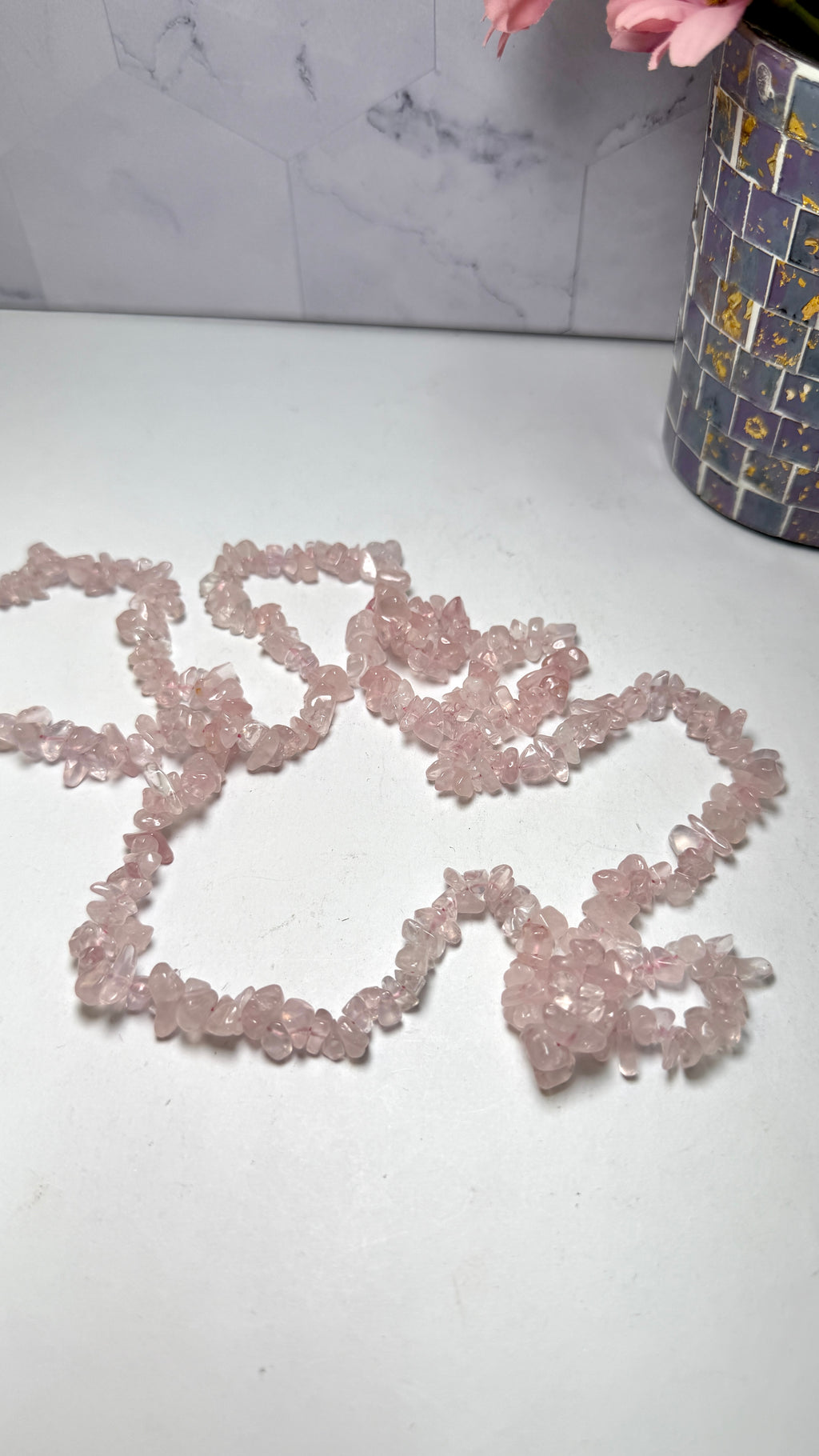 Rose Quartz Chip Necklace 34 Inches