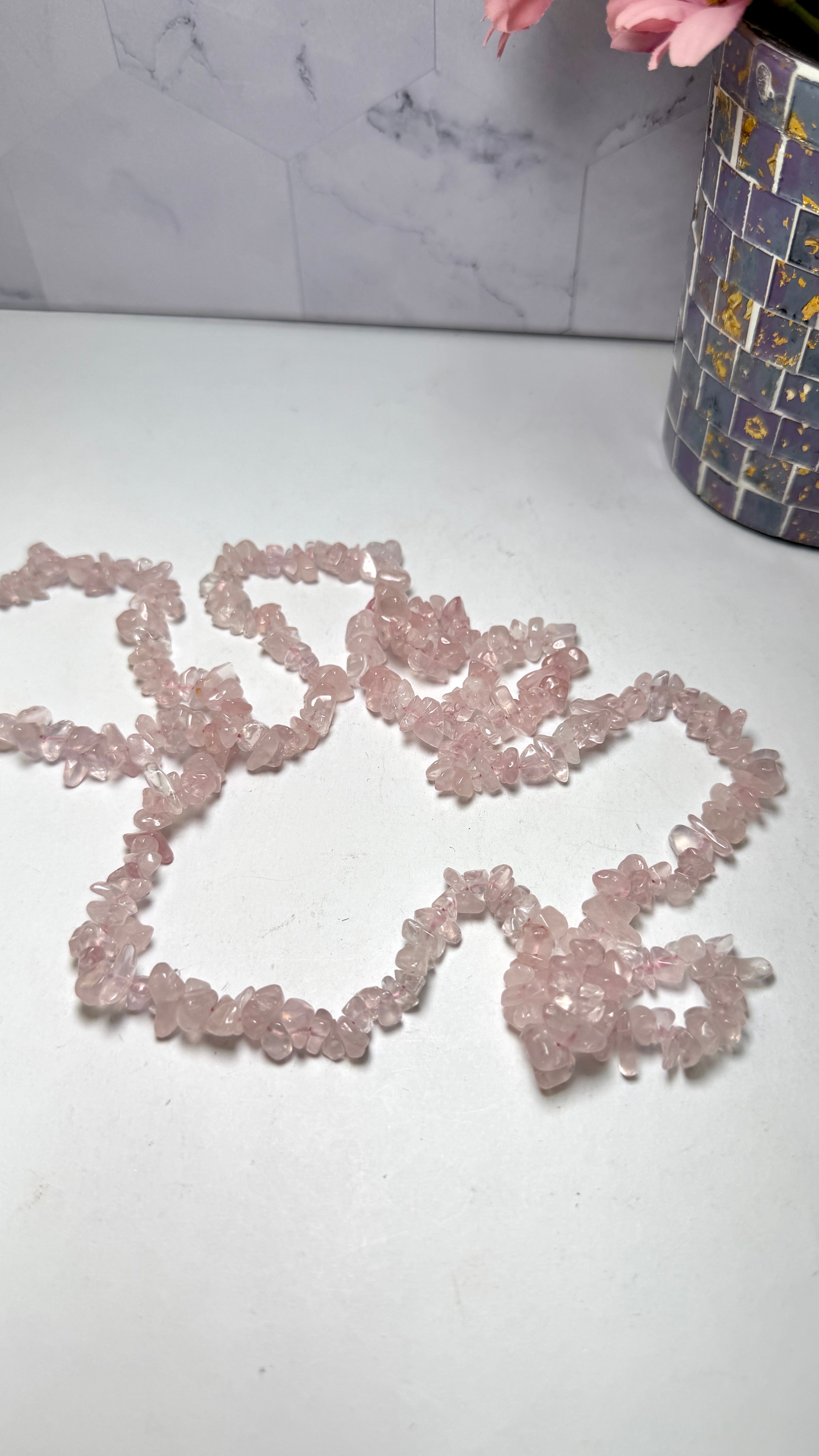 Rose Quartz Chip Necklace 34 Inches