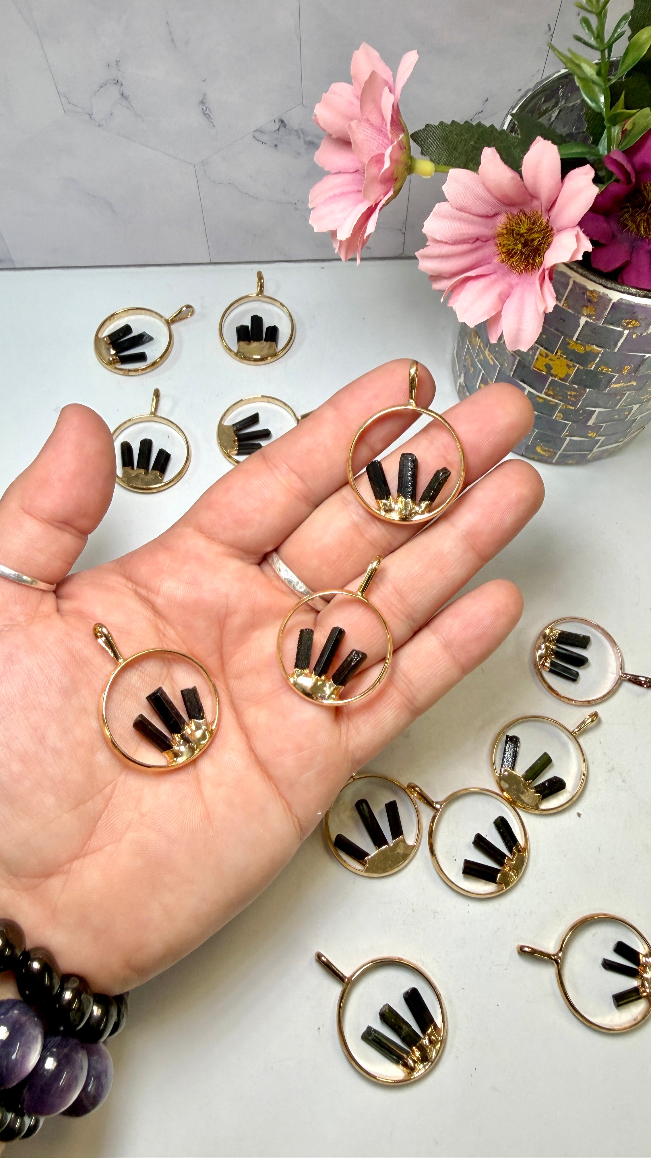 Black Tourmaline Triple Point Gold Plated Pendant
