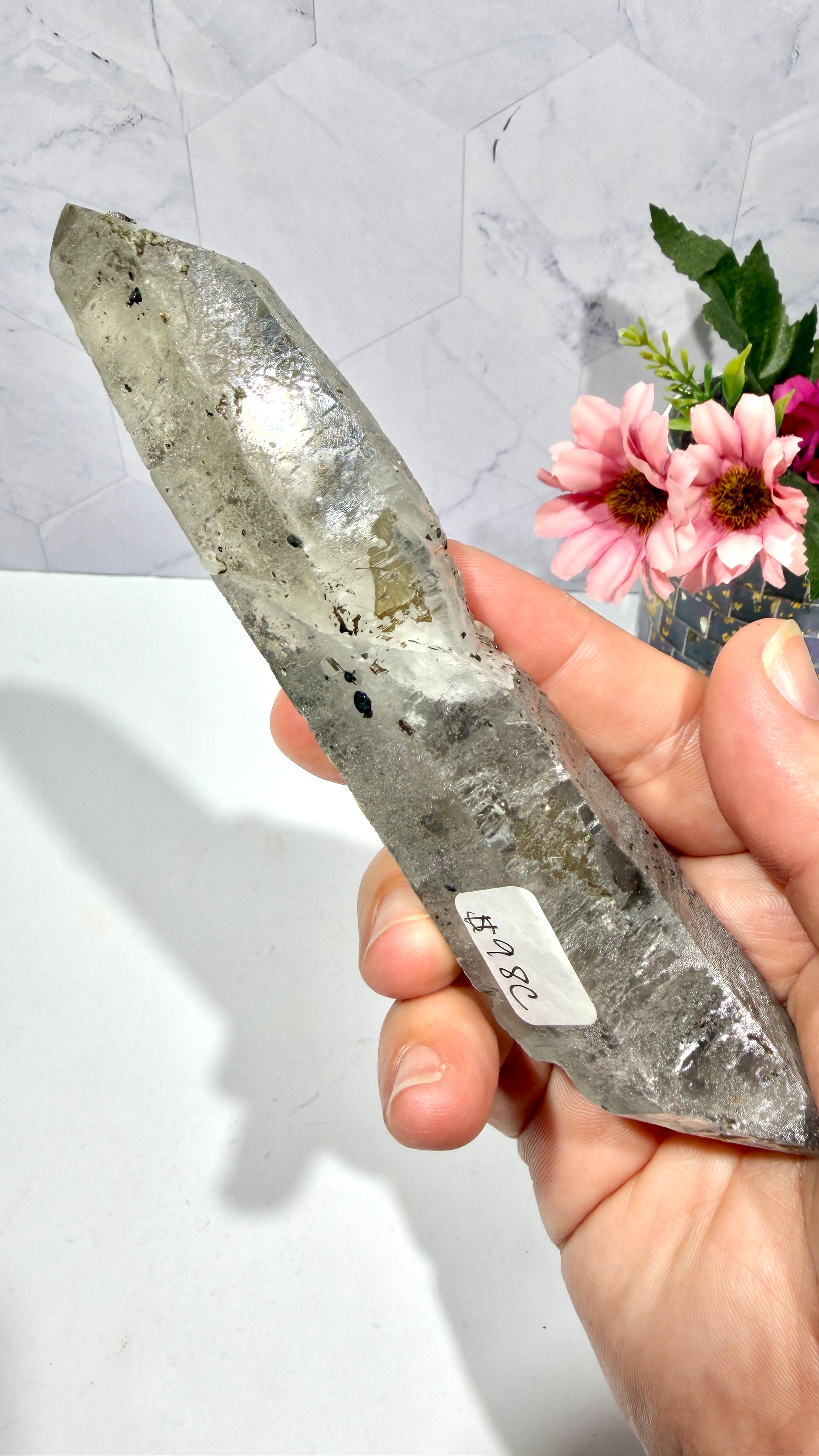 Inner Mongolian Quartz Wand with Rosette Calcite