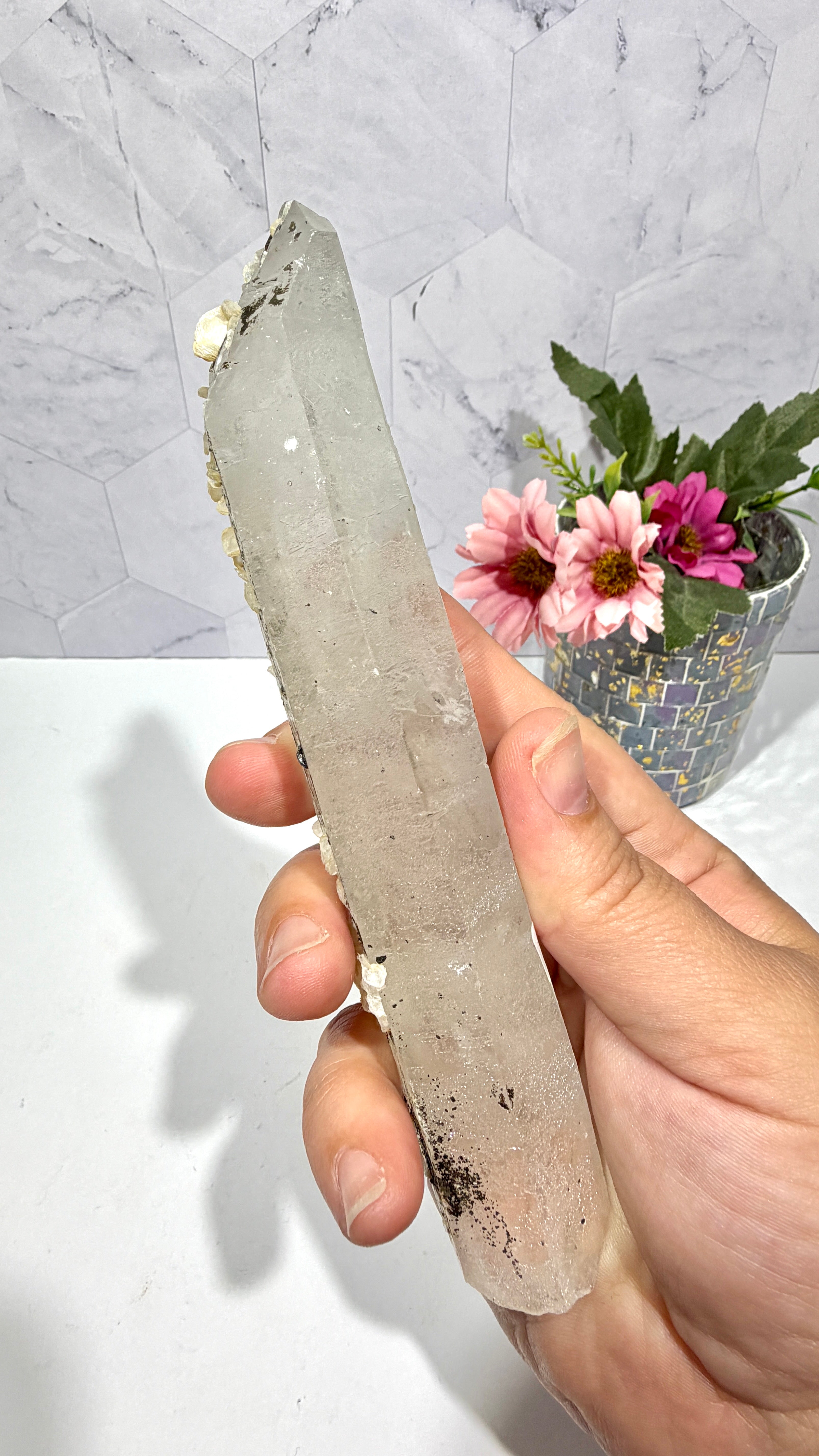 Inner Mongolian Quartz Wand with Rosette Calcite
