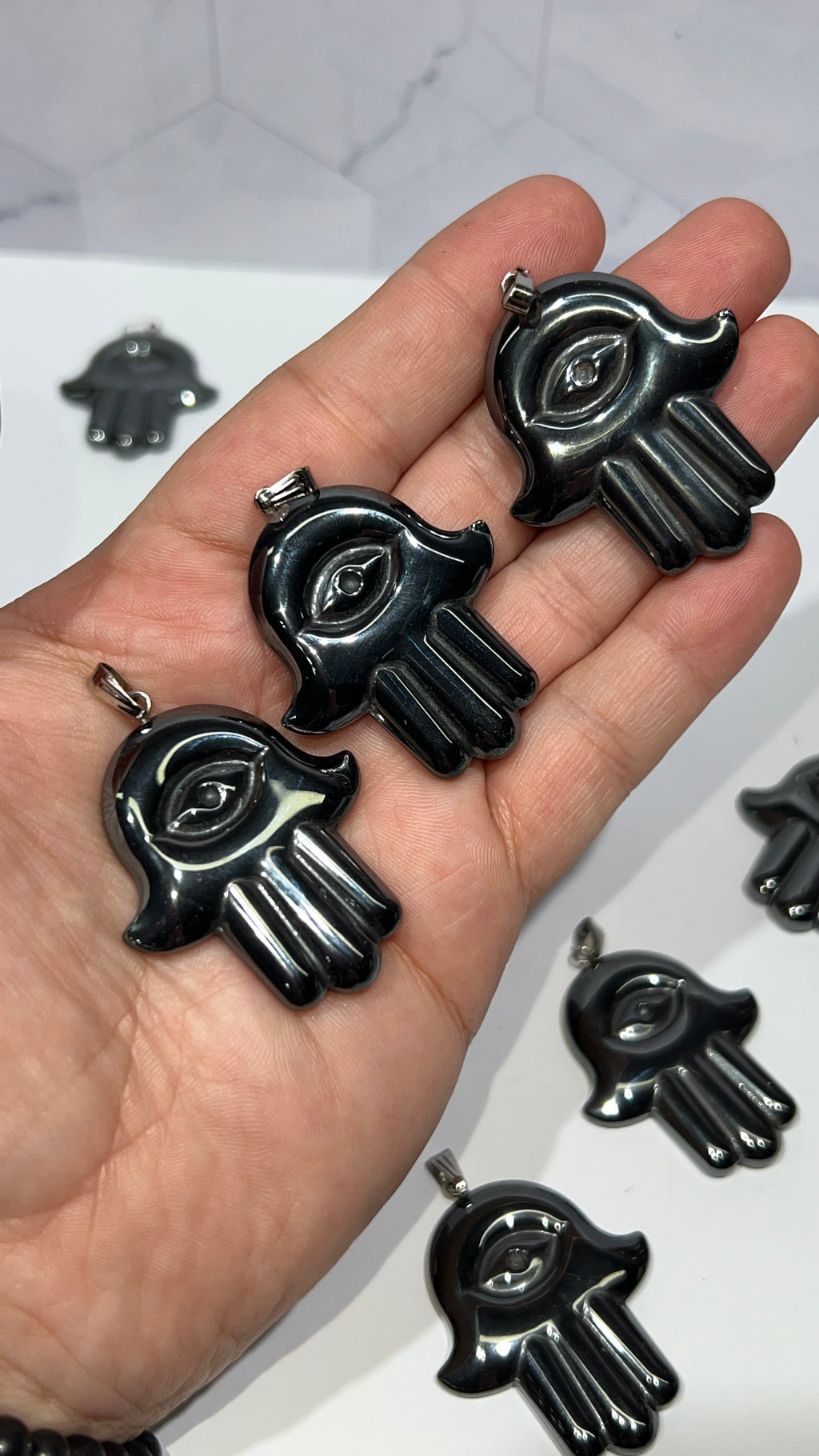 Hematite Hamsa Pendant