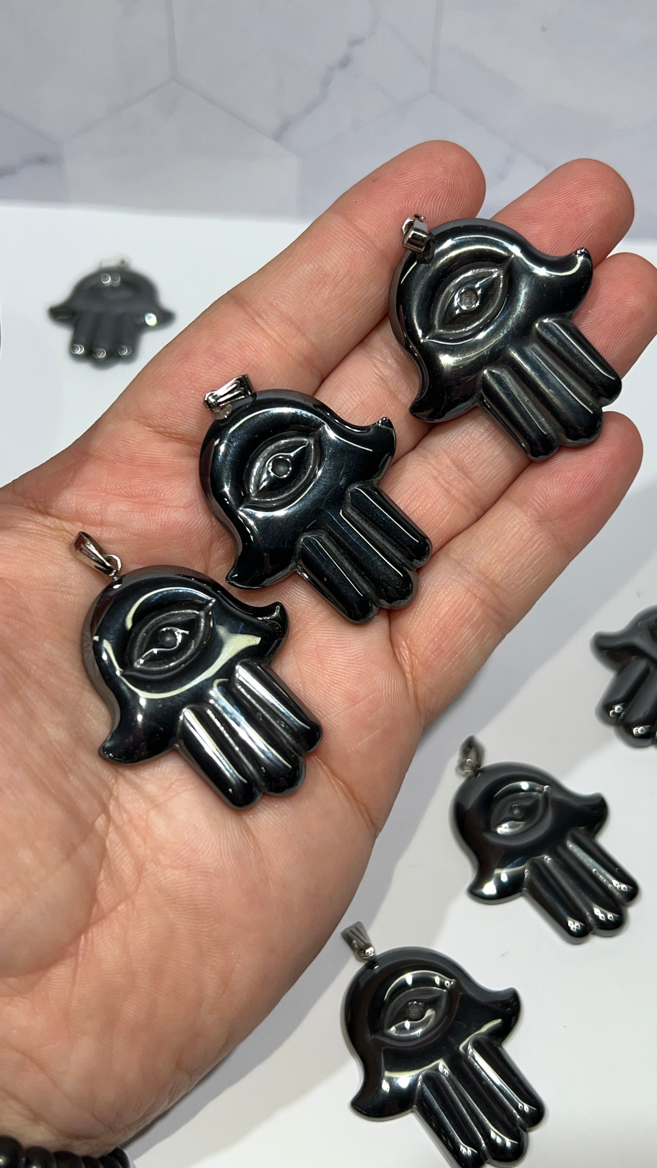 Hematite Hamsa Pendant