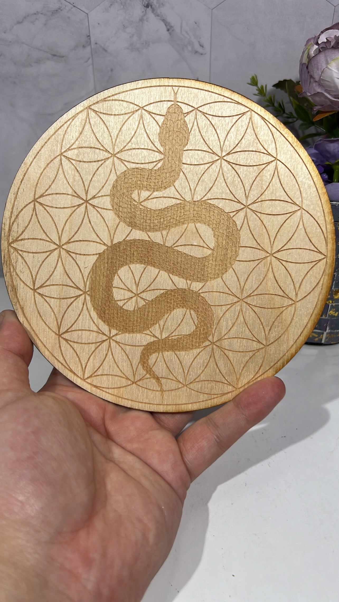 Snake on Flower of Life Wood Crystal Grid Board