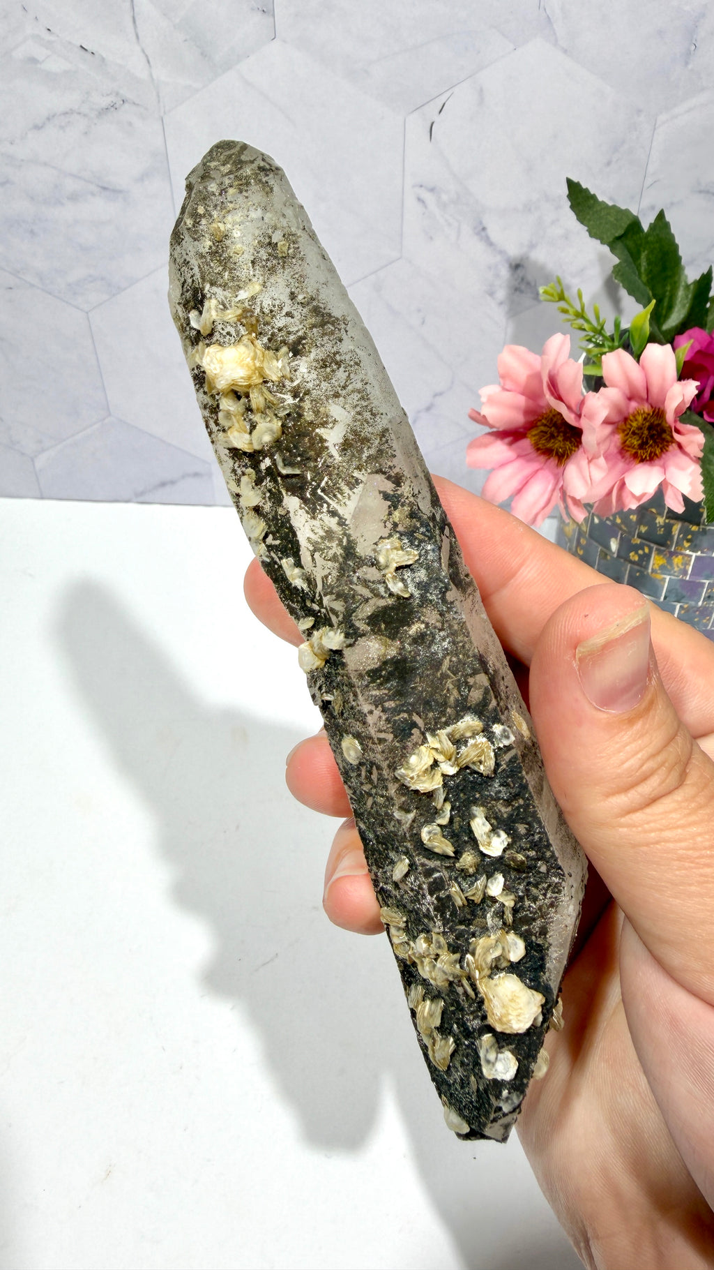 Inner Mongolian Quartz Wand with Rosette Calcite