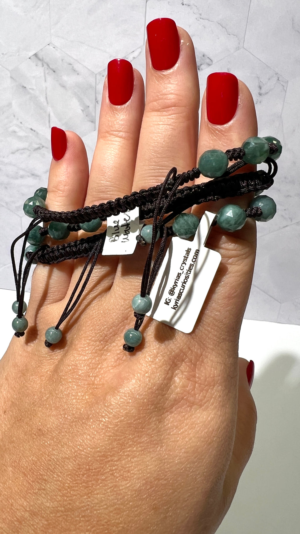 Blue Water Guatamalan Jade Faceted Adjustable Macrame Bracelet