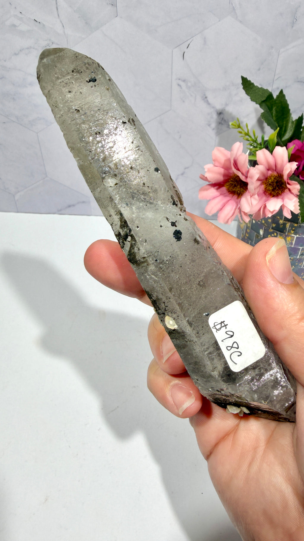 Inner Mongolian Quartz Wand with Rosette Calcite