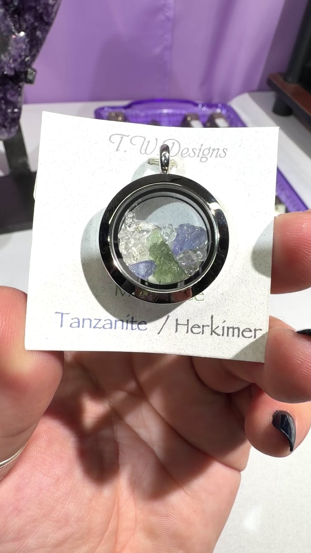 Moldavite Herkimer Diamond Tanzanite Locket Pendant